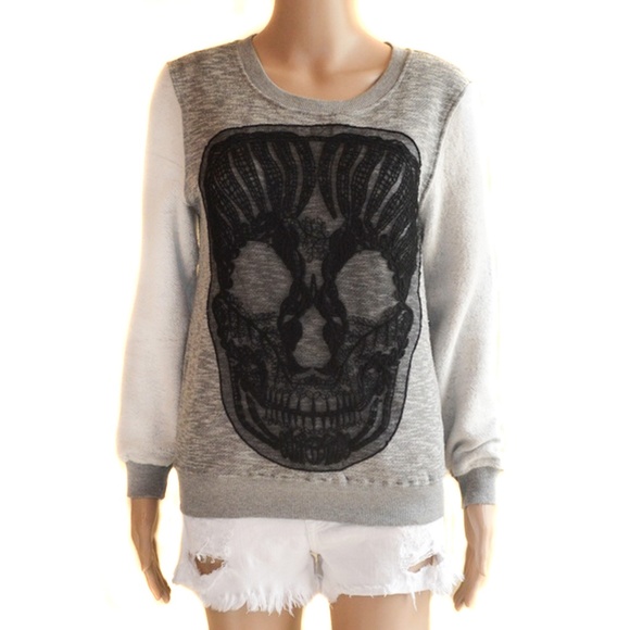 LF RUMOR BOUTIQUE Gray & Black Crochet Skull Pullover Sweatshirt NWT - Picture 1 of 7